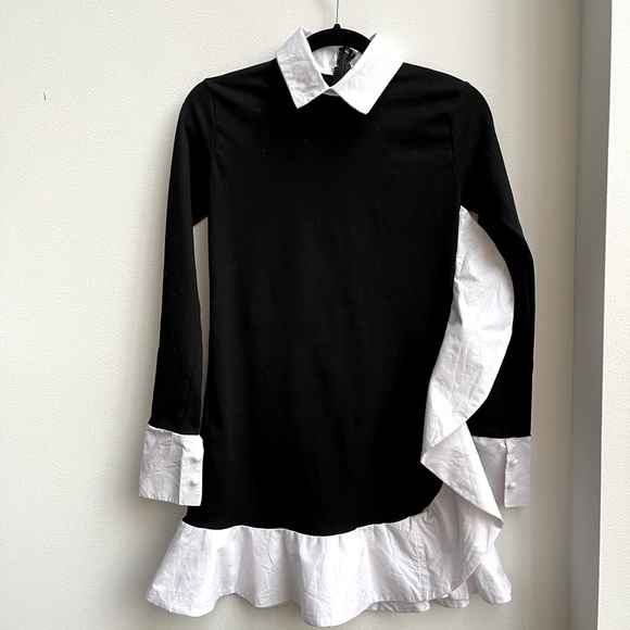 NWOT Black dress with white ruffles and collar long sleeve - Picture 4 of 11